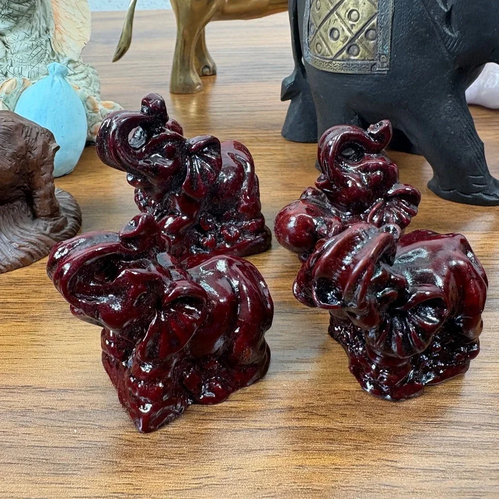 Vintage Elephants Red Resin Chinese Feng Shui, Brass, Two Candles Lot of‎ 12